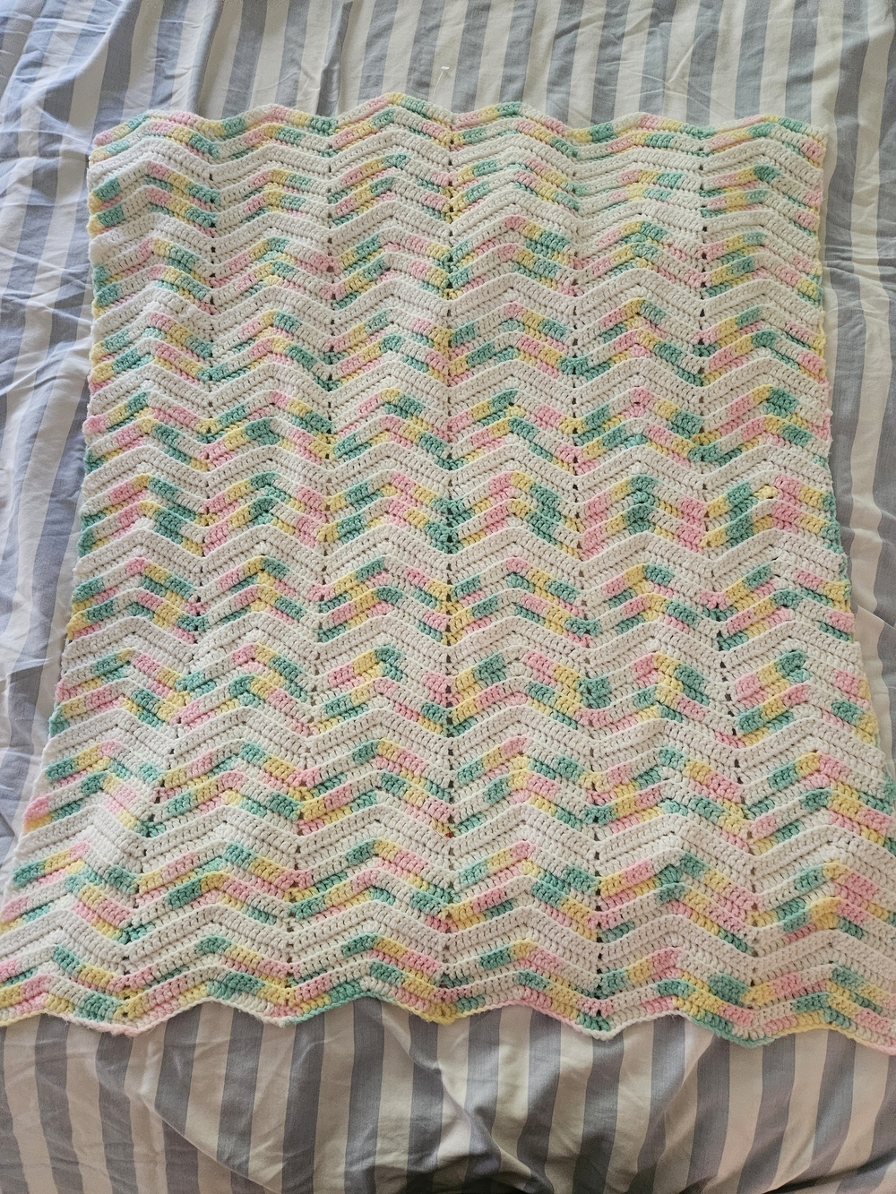 Handmade White Baby Chevron Crochet Blanket with Pastel Accents